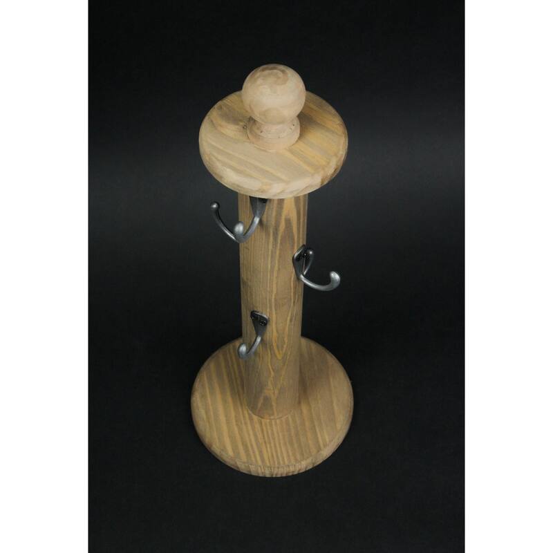 Primitive Turned Wood 6 Hook Countertop Kitchen Mug Rack Key Holder - 16 X 6 X 6 inches