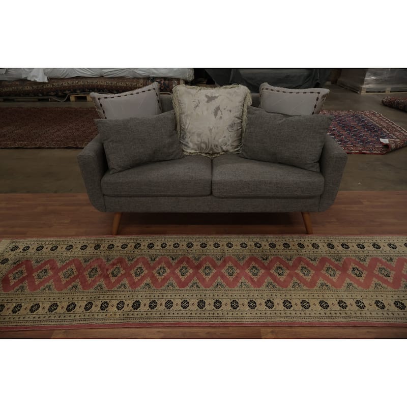 Hand Knotted Oriental 100% Wool Carpet Traditional Geometric Pink Bokhara Runner Rug - 9' 9'' X 2' 8''