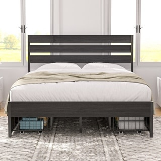 VECELO Upholstered Full/Queen Size Platform Bed Frame with 4 Storage ...