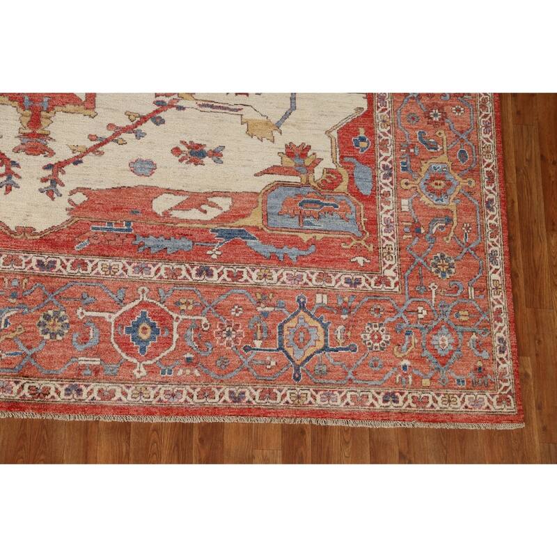 Hand Knotted Oriental 100% Wool Carpet Traditional Medallion Beige & Ivories Heriz (serapi) Area Rug - 11' 10'' X 9' 2''
