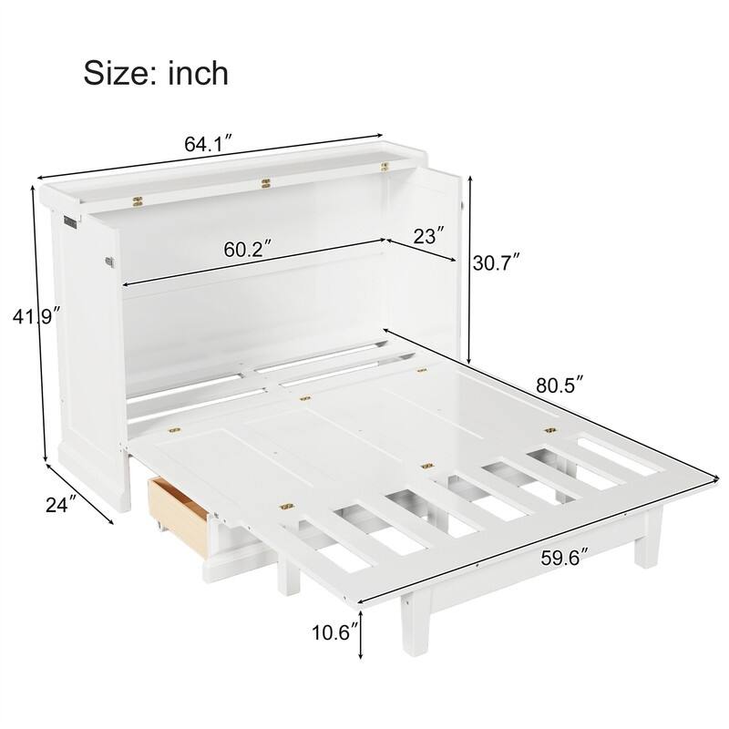 Solid Pine Murphy Bed Chest Cube Cabinet Bed with Charging Station and Large Storage Drawer, Full/Queen Size Murphy Bed Cabinet