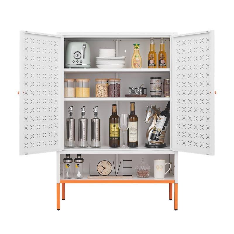 Grid Double Door Shoe Cabinet with Adjustable Shelves and Moisture-Proof Base