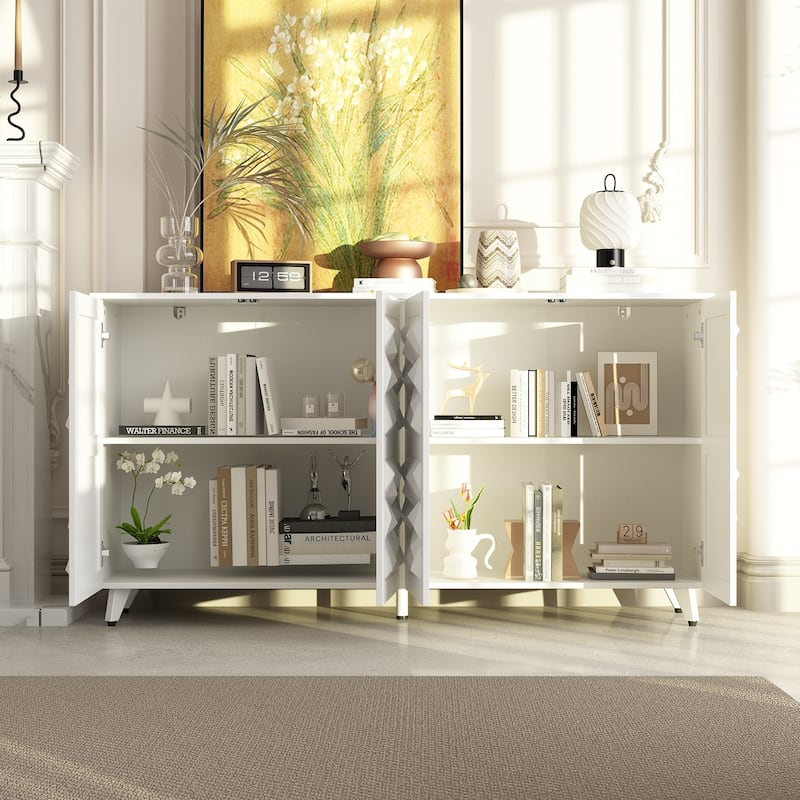Geometric 4-Door Sideboard Buffet Cabinet with Adjustable Shelves, White Finish