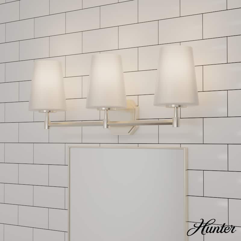 Hunter Nolita Vanity Wall Light - Bathroom - Contemporary, Transitional - White Glass Shades - Damp Rated! - 24" - 3 Light - Brushed Nickel