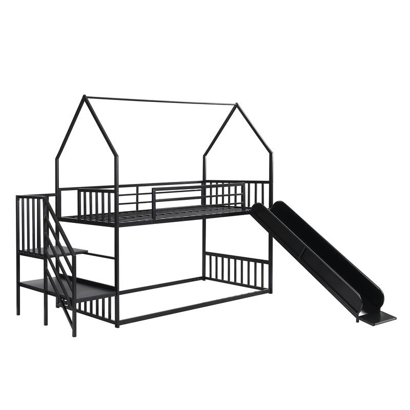 House-Shaped Twin Bunk Bed with Slide, Staircase, and Storage, Black