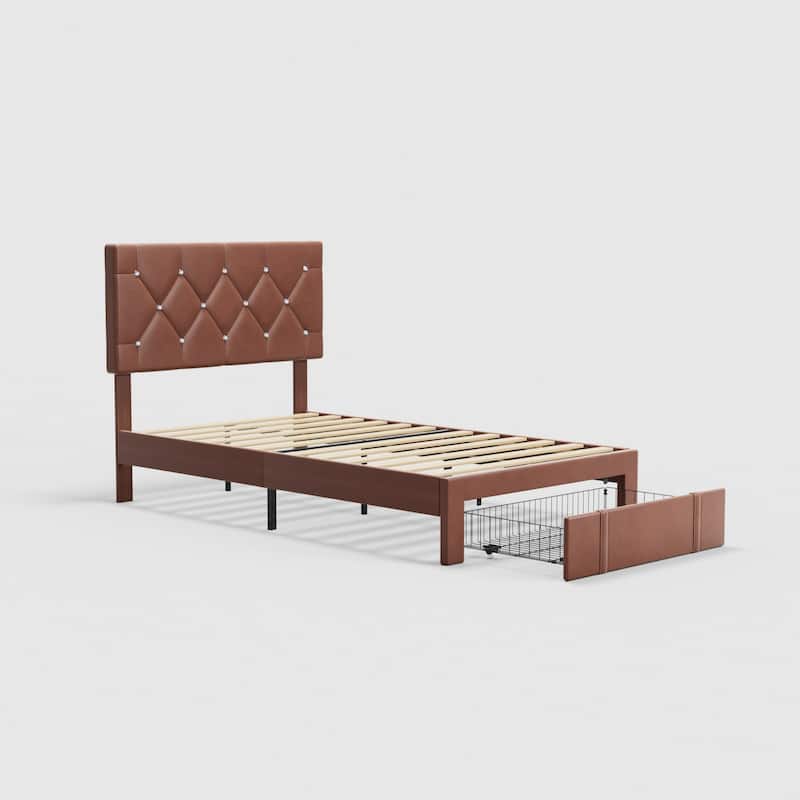 Javlergo 2-Piece Twin Bed Frame Set 39.4-45.3" Adjustable Height PU Leather Headboard with Diamond Embellishment Storage Drawer