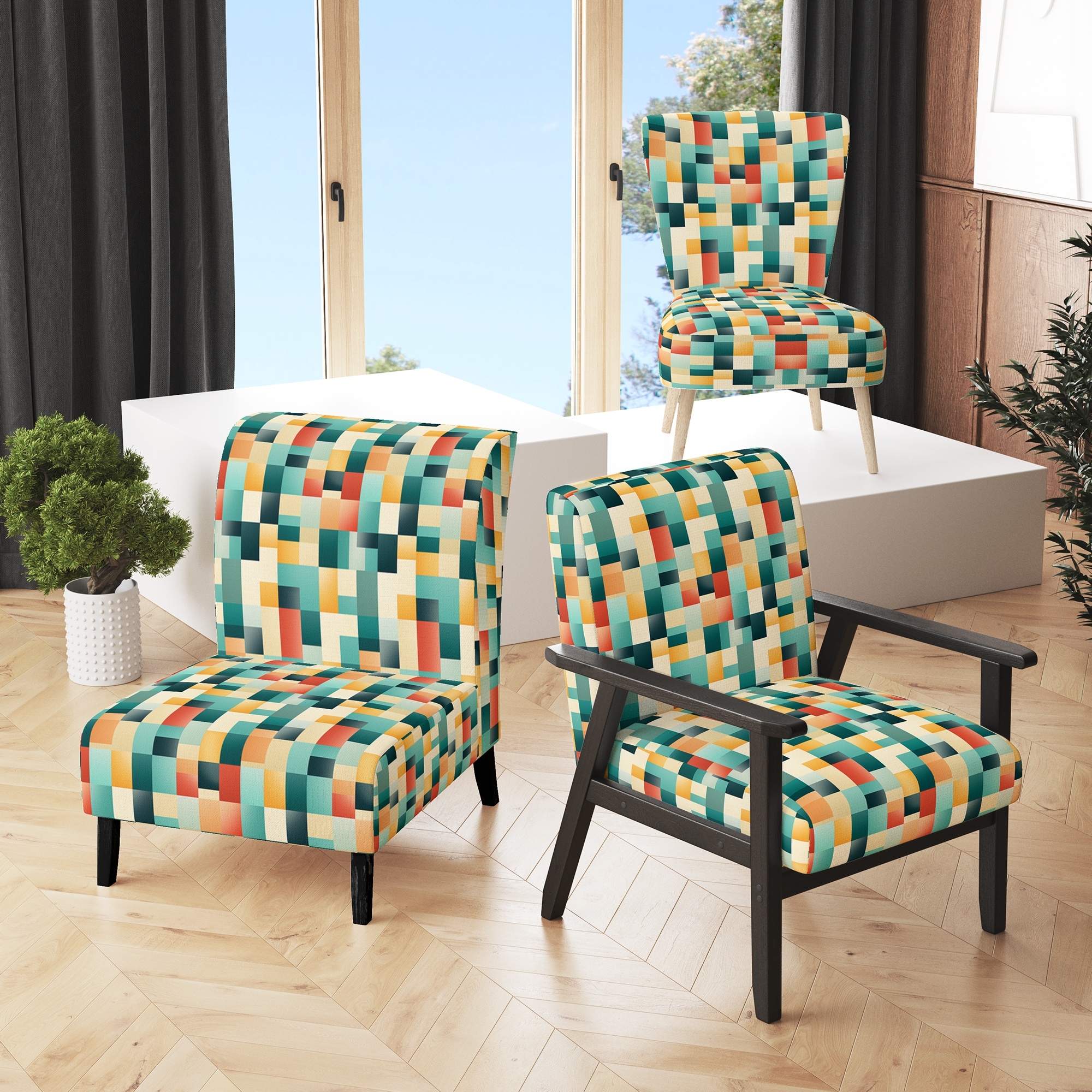 Set Green Patterned Accent Chair Wood And Fabric Set Of Accent