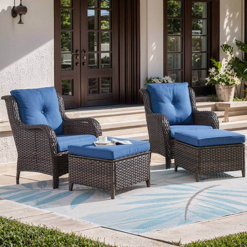 Outdoor Arm Chair with Cushion Rattan Chair - Brown Rattan - Blue Cushion - 4PCS - Patio Chair w/ Ottoman