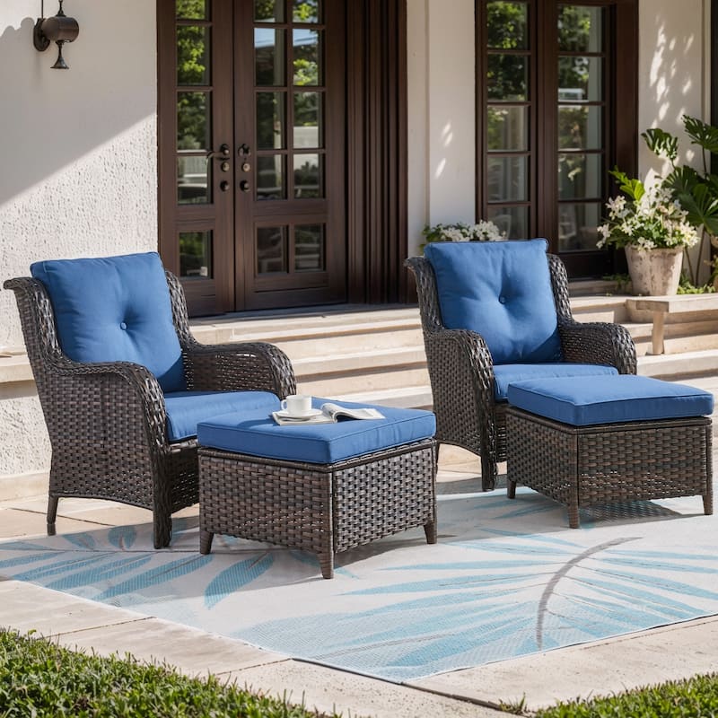 Pocassy Outdoor Patio Chairs Ottoman Table with 4 Inch Cushion - 4 Pieces Patio Chair w/ Ottoman - Brown Rattan Blue Cushion