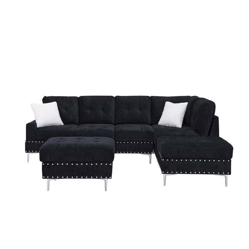 Chenille 3 Seater Couch L-shaped Sectional Sofa with Reversible Chaise, Storage Ottoman, Metal Legs, Copper Nails and 2 Pillows