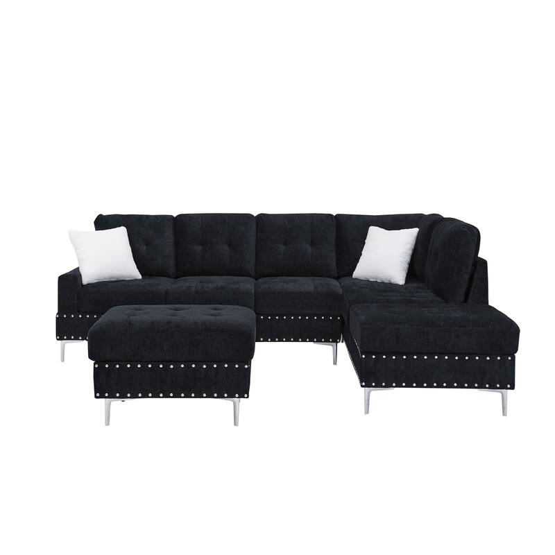Roomfitters Sectional 3-Seater Sofa with Chaise, Storage Ottoman, Metal Legs, Nailhead Trim and Two Pillows