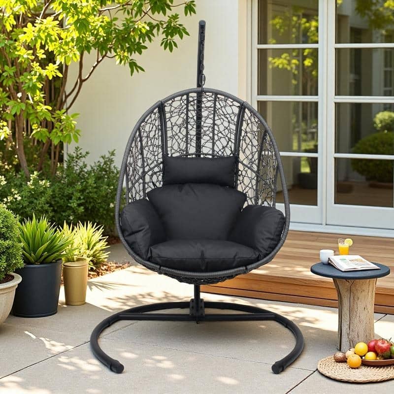 PE Wicker Swing Egg Chair - Indoor/Outdoor Hanging Chair with Puffy Cushion and Stable Base Frame (Handcrafted Weaving Design) - Gray