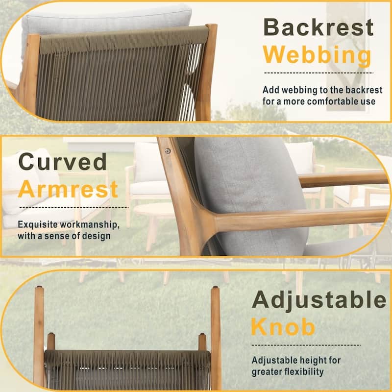 Modern 4-piece Outdoor Acacia Wood Conversation Sofa Set with Removable Waterproof Cushions