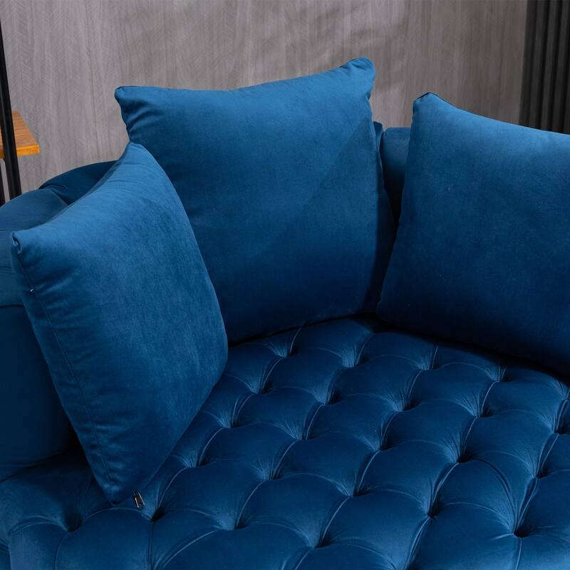 Blue Modern 24" Velvet Upholstered Buttons Tufted Barrel Chair with Pillows