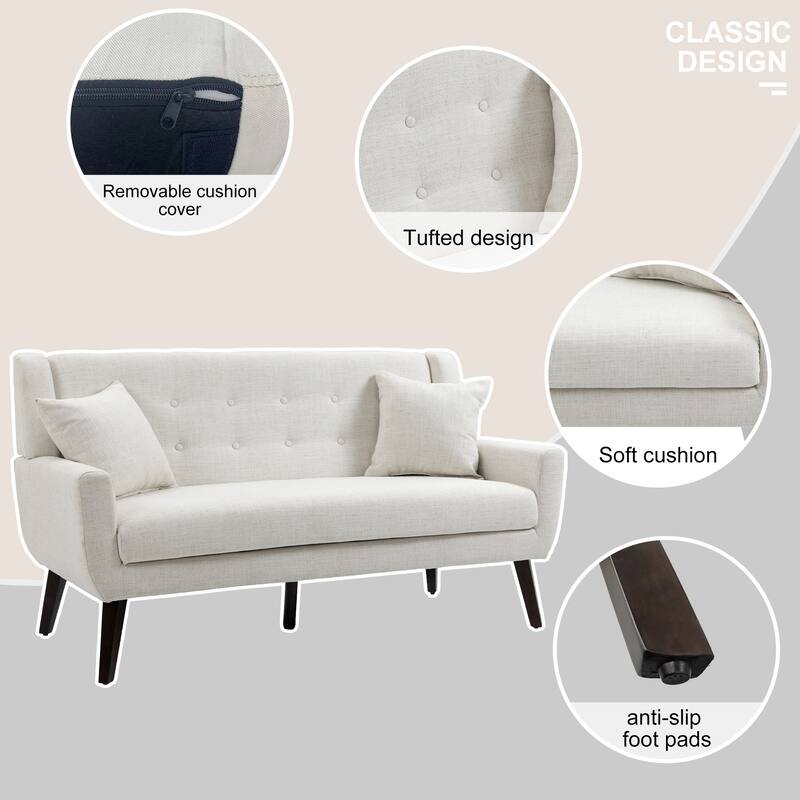 Mid-Century 63-Inch Linen Tufted Loveseat Sofa with Pillows