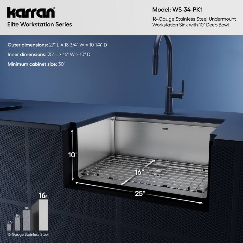 Karran Elite WS-34-PK1 Undermount 27" Single Bowl Stainless Steel Workstation Kitchen Sink