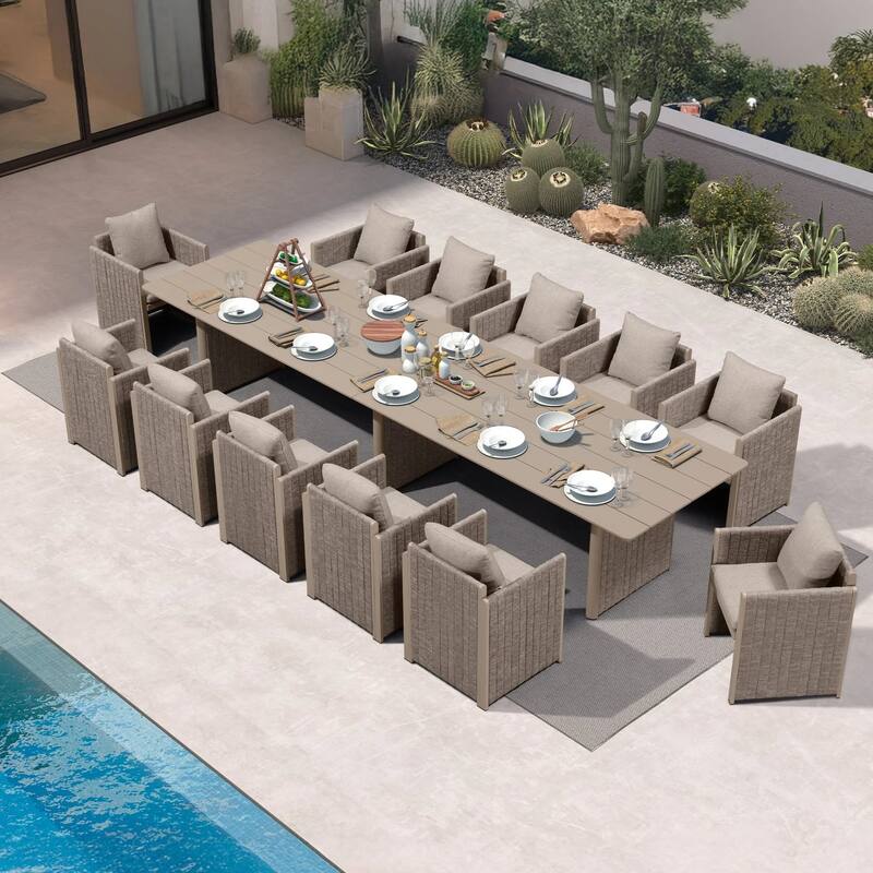 PURPLE LEAF Sanori Patio Dining Set Modern Large Weather-Resistant Table and Aluminum Chairs Beige for Garden Backyard Kitchen - 13-Piece Rectangle