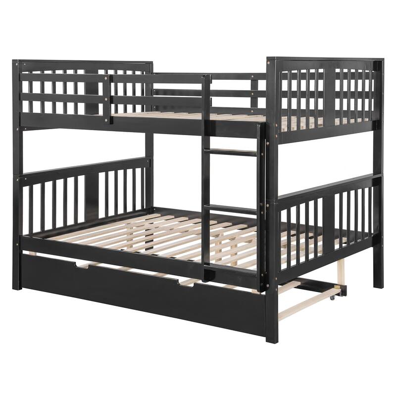 Full Over Full Solid Wood Bunk Bed with Twin Trundle, Ladder, and Guardrails, Versatile Design for Sleepovers and Extra Storage
