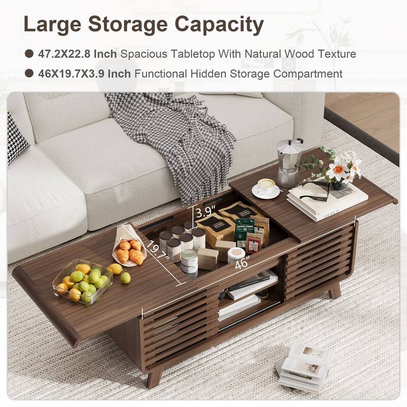 Gymojoy 47" Mid Century Modern Coffee Table with Sliding Door Storage, Walnut Center Table