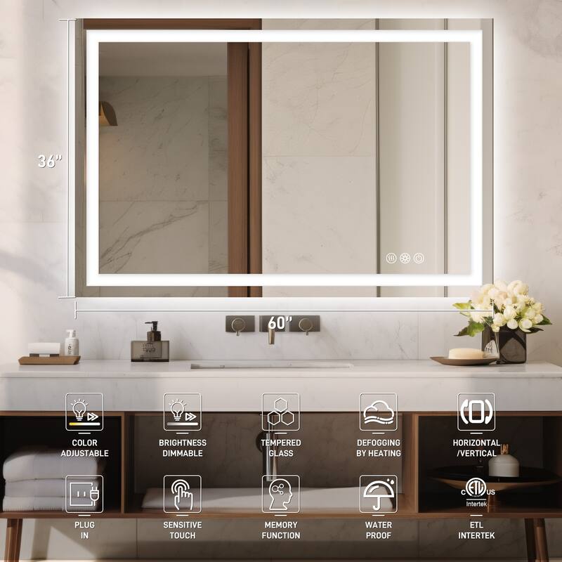 Durx-litecrete Rectangular Frameless Wall Mount 3 Colors Dimmable Anti-fog LED Bathroom Vanity Mirror