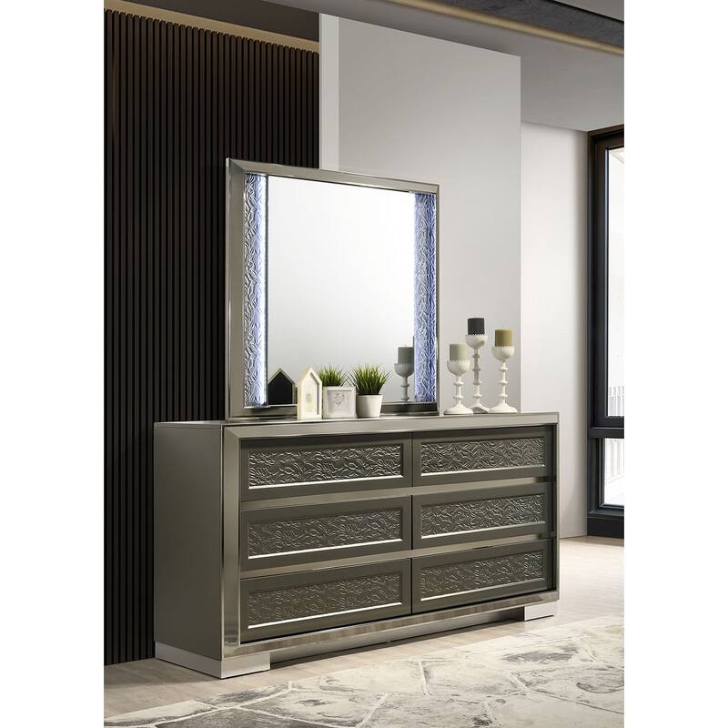 Modern Dark Gray LED 4Pc Bedroom Furniture Set Bed Dresser Mirror Nightstand