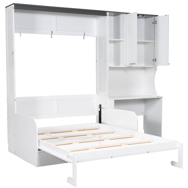Space-Saving Multi-Functional Murphy Bed with Sofa, Desk, and Storage Cabinet - Foldable Full Size Design