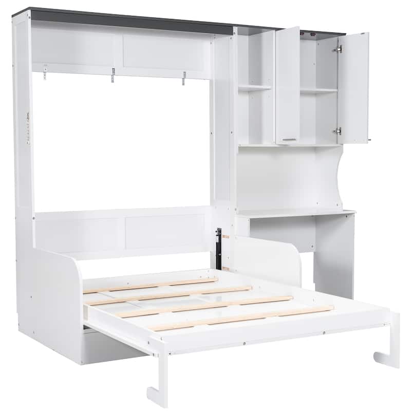 Space-saving Foldable Bed Design Murphy Bed Foldable Platform Bed with Sofa, All-in-one Storage Bookcase Cabinet and Desk