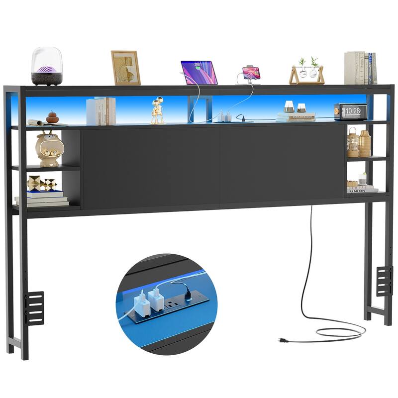 Headboards with Storage Shelves, Head Board with Power Outlet and LED Light for Bed Frame