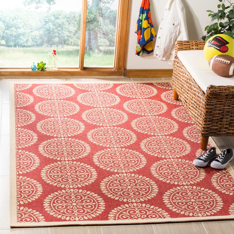 SAFAVIEH Linden Hyrije Indoor/ Outdoor Waterproof Patio Backyard Rug - 5'3" x 7'6" - Red/Creme