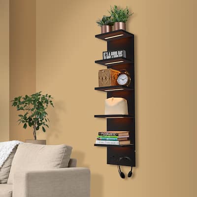 Sorbus LED Light Display Shelf - Vertical 5 Tier Wall Shelf Unit with 2 Hooks, Column Utility Shelving for Home Decor