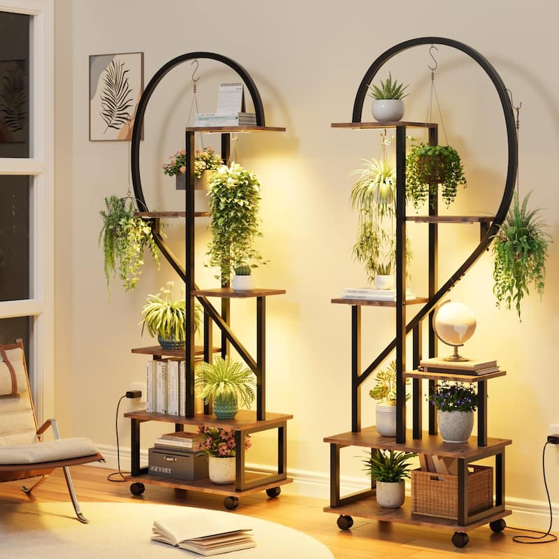 2 Pack 6 Tier Indoor Plant Stand with Grow Lights Metal Plant Stand with Wheels