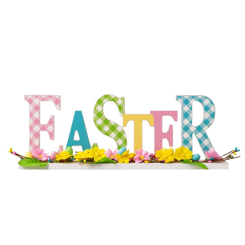 Glitzhome Wooden EASTER HOP Happy Easter with Artificial Rattan Table Sign Decor Centerpiece