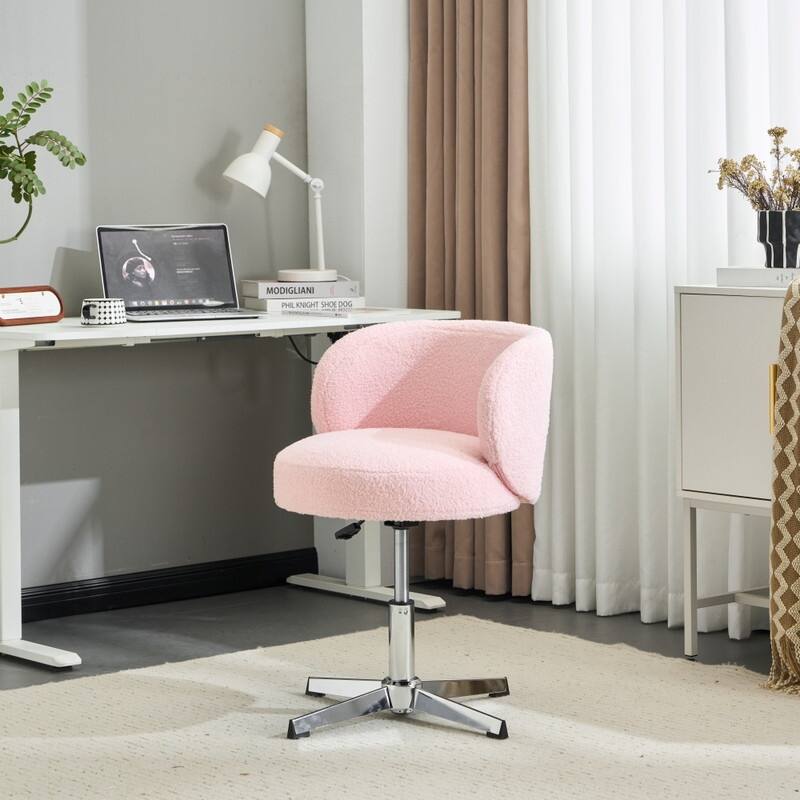 Cute Modern Teddy Swivel Chair Armless Adjustable Height Office Desk Chair with No Wheels and Backrest Support - N/A - Pink