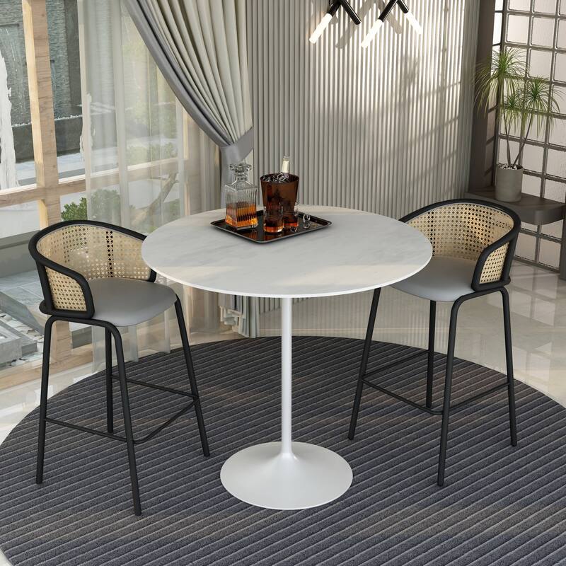 LeisureMod Verve 48" Round Bar Dining Table with Stone TableTop and White Steel Base for Kitchen & Dining Room