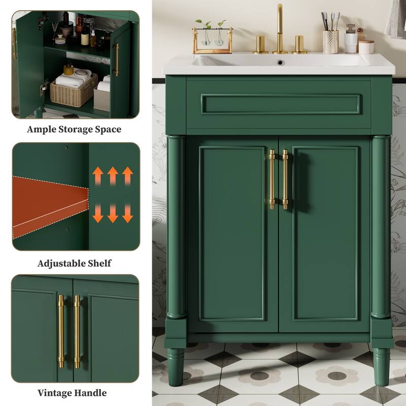 Elegant Bathroom Vanity Freestanding Storage Cabinet with Sink, 2 Doors, Gold Handles and Adjustable Interior Shelf
