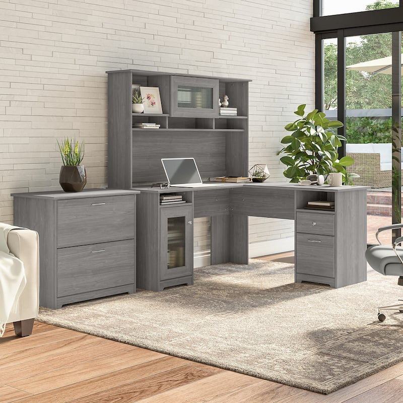 Cabot 60W L-Shaped Desk with Hutch and File Cabinet by Bush Furniture - Modern Gray