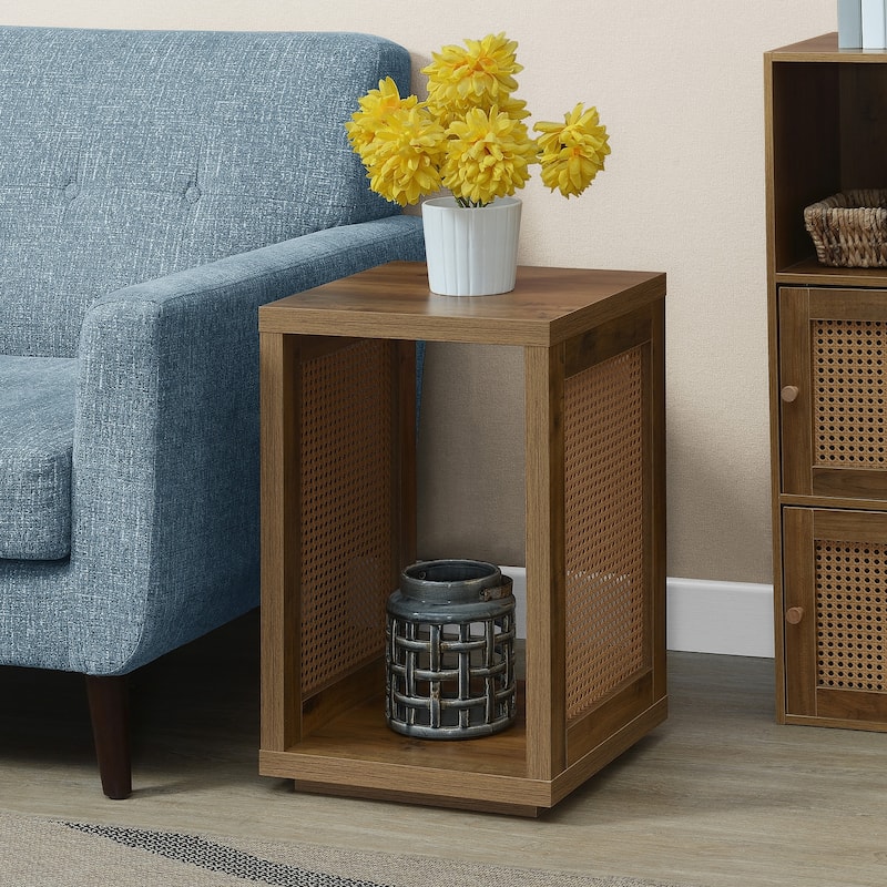 Square Weave End Table with Two Tier Shelves, Rattan Accent Sides and Modern Boho Inspired Storage Solution - 15.75