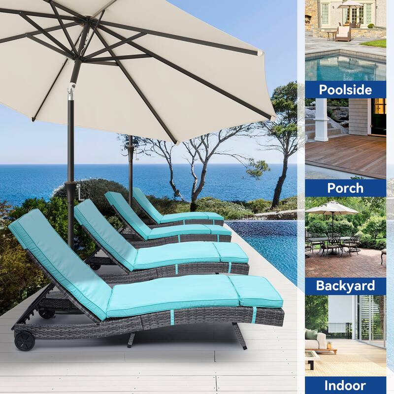Wicker recliner, outdoor PE cane pool recliner with adjustable back and removable mat and wheels