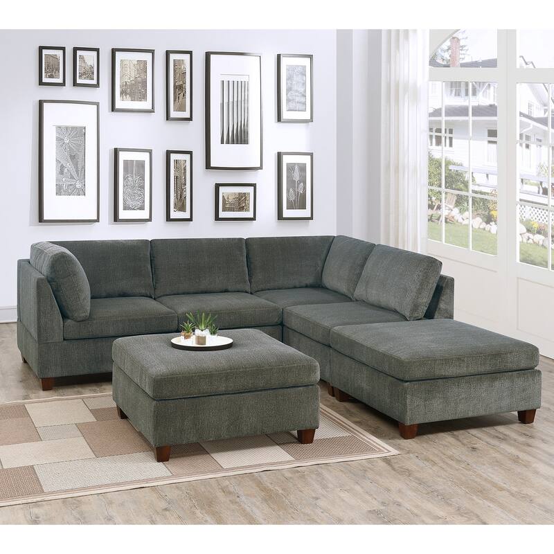 6 Piece Chenille Modular Sectional Sofa in Grey