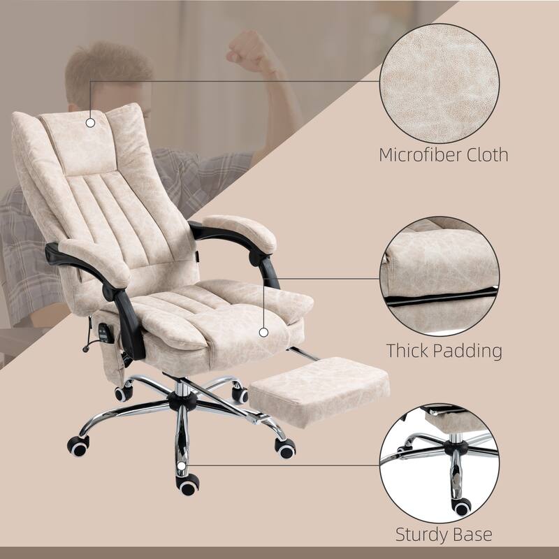 Microfiber Office Chair Computer Chair with 6 Point Massage and Retractable Footrest - Cream White
