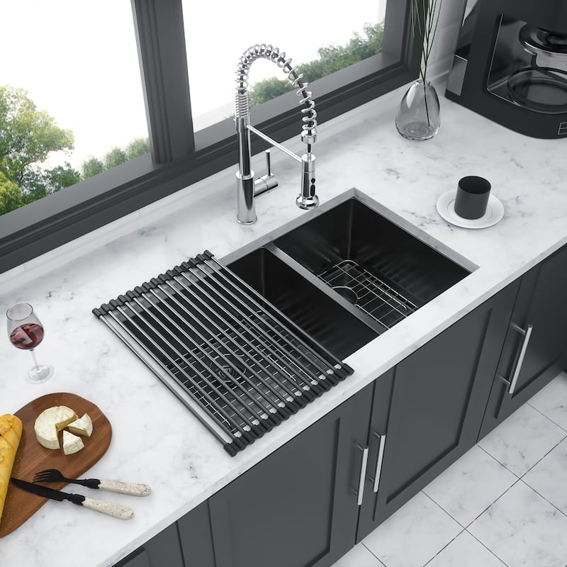 Undermount 16 Gauge Double Bowl Stainless Steel Kitchen Sink in Gunmetal Black - 33'' x 19'' x 10''