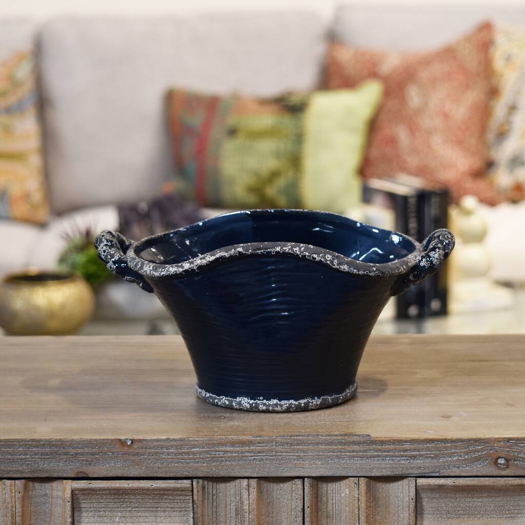 UTC31816: Ceramic Stadium Shaped Tapered Tuscan Pot with Handles SM Distressed Gloss Finish Midnight Blue