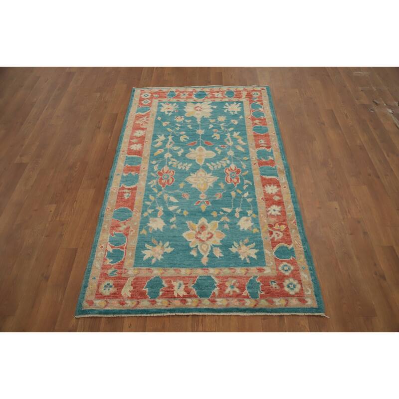 Hand Knotted Oriental 100% Wool Carpet Transitional All-Over Green Oushak Area Rug - 5' 3'' X 3' 1''