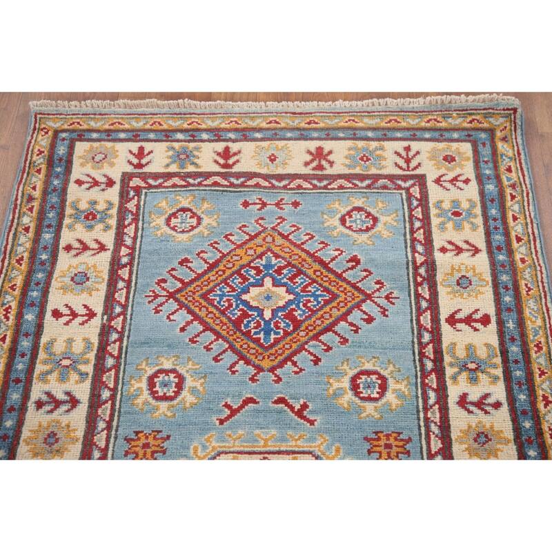 Hand Knotted Oriental 100% Wool Carpet Traditional Geometric Navy Blue & Blues Kazak Runner Rug - 9' 0'' X 2' 9''