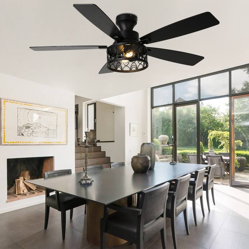Cusp Barn 52-In Farmhouse Flush Mount Ceiling Fan with Lights and Remote Control, Black Caged Low Profile Chandelier Ceiling Fan