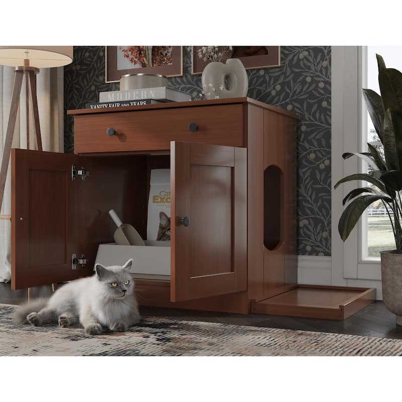 Palace Imports 100% Solid Wood Ziva 2-Door Cat Litter Box Enclosure with 2-Drawers and Litter Catch