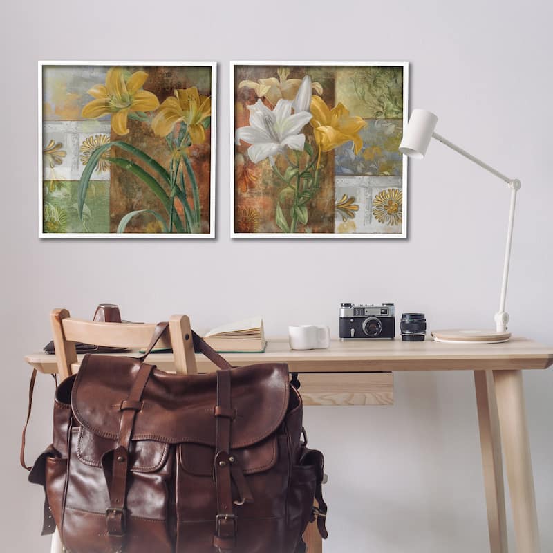 Stupell Lilies & Vintage Tile Patterns Framed Giclee Art Design By Sasha (Set of 2)