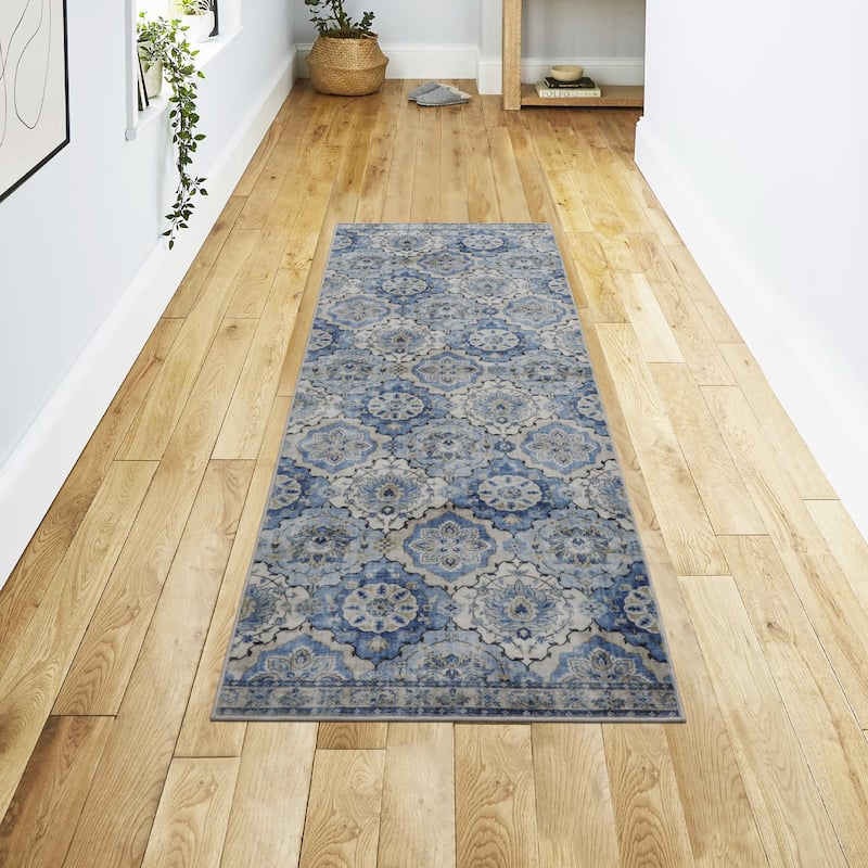 Jean Pierre New York Merdia Printed Washable Chenille Rugs - 2x6 - Blue Multi