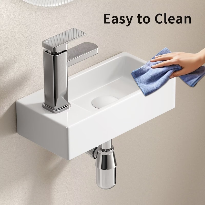 Wall-Mounted Ceramic Bathroom Sink with Silver Color Faucet & Drain