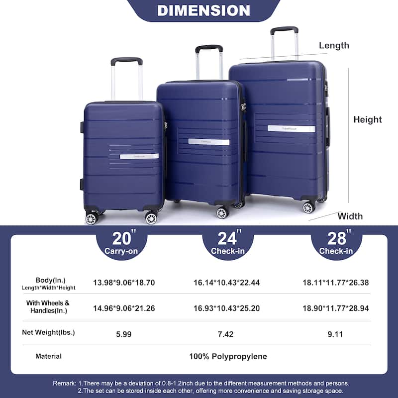 3-Piece, Hard-shell Luggage, Lightweight Luggage with TSA Lock and 2 Swivel Wheels, for Boarding Travel, Navy